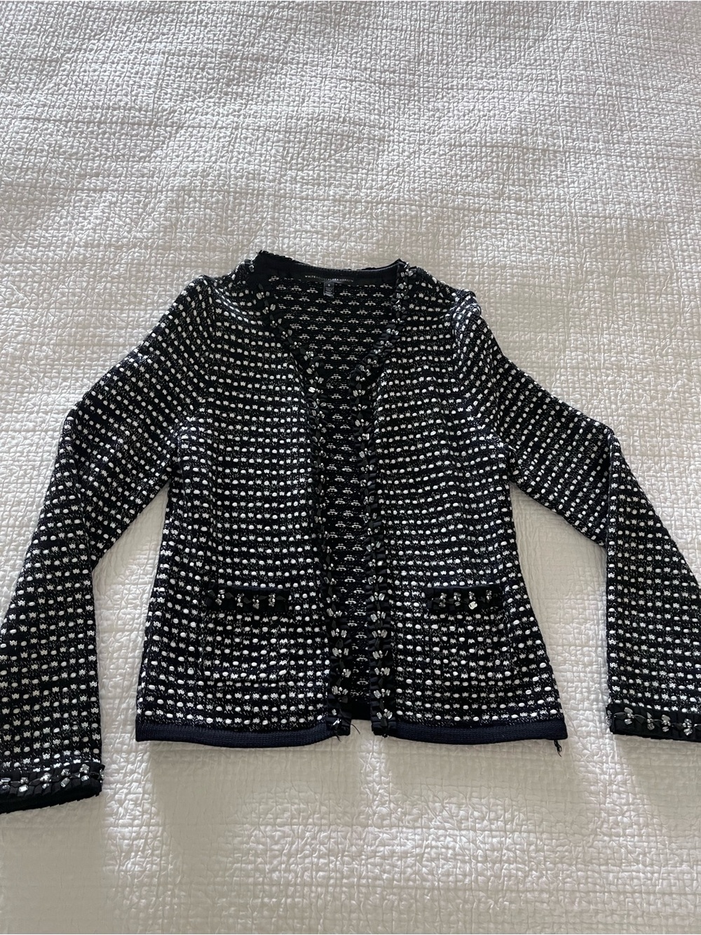 White House Black Market Black and White Tweed Open-Front Cardigan